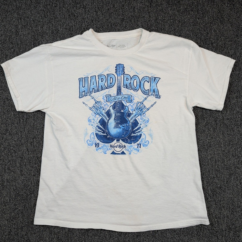 Hard Rock Cafe Y2K Graphic Tee Large White Blue Guitar Skeleton Rock Music Shirt